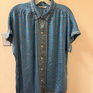 Max Studio Blue Medallion Print Short Sleeve Blouse | Size XL